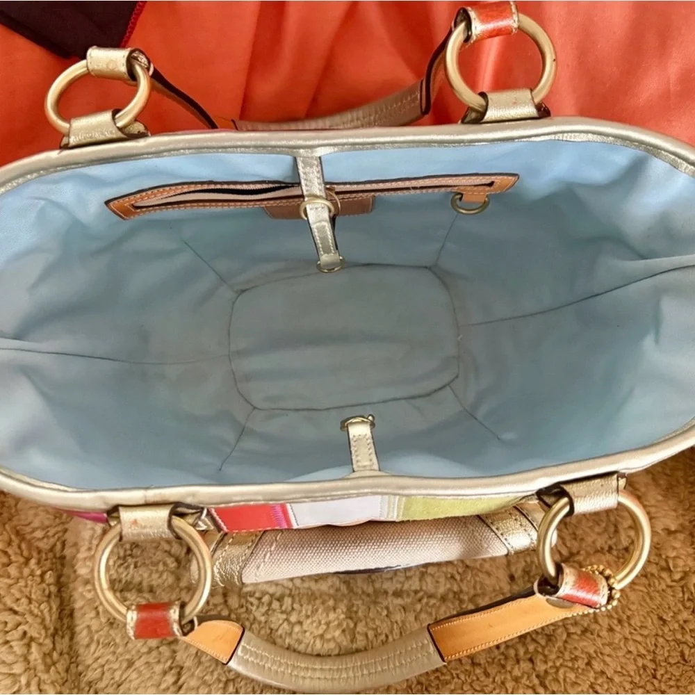 Coach Raffia/Straw Tote with Multicolor Leather Trim and Metallic Gold Accents - Picture 4 of 7